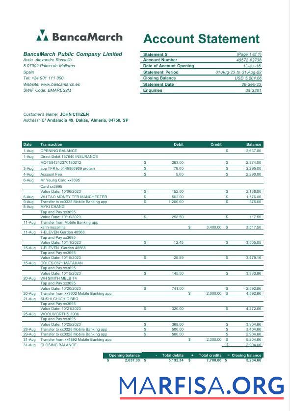 Printable Spain BancaMarch bank statement word download for verification